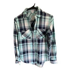 AEROPOSTALE Flannel Shirt Turquoise Navy Junior Sz X-Small Long Sleeve Plaid Top